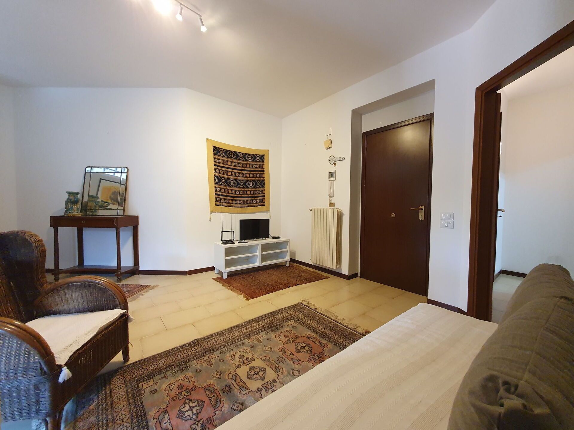 Un soggiorno con divano, tavolino, mobile TV, tappeto decorato e una porta.