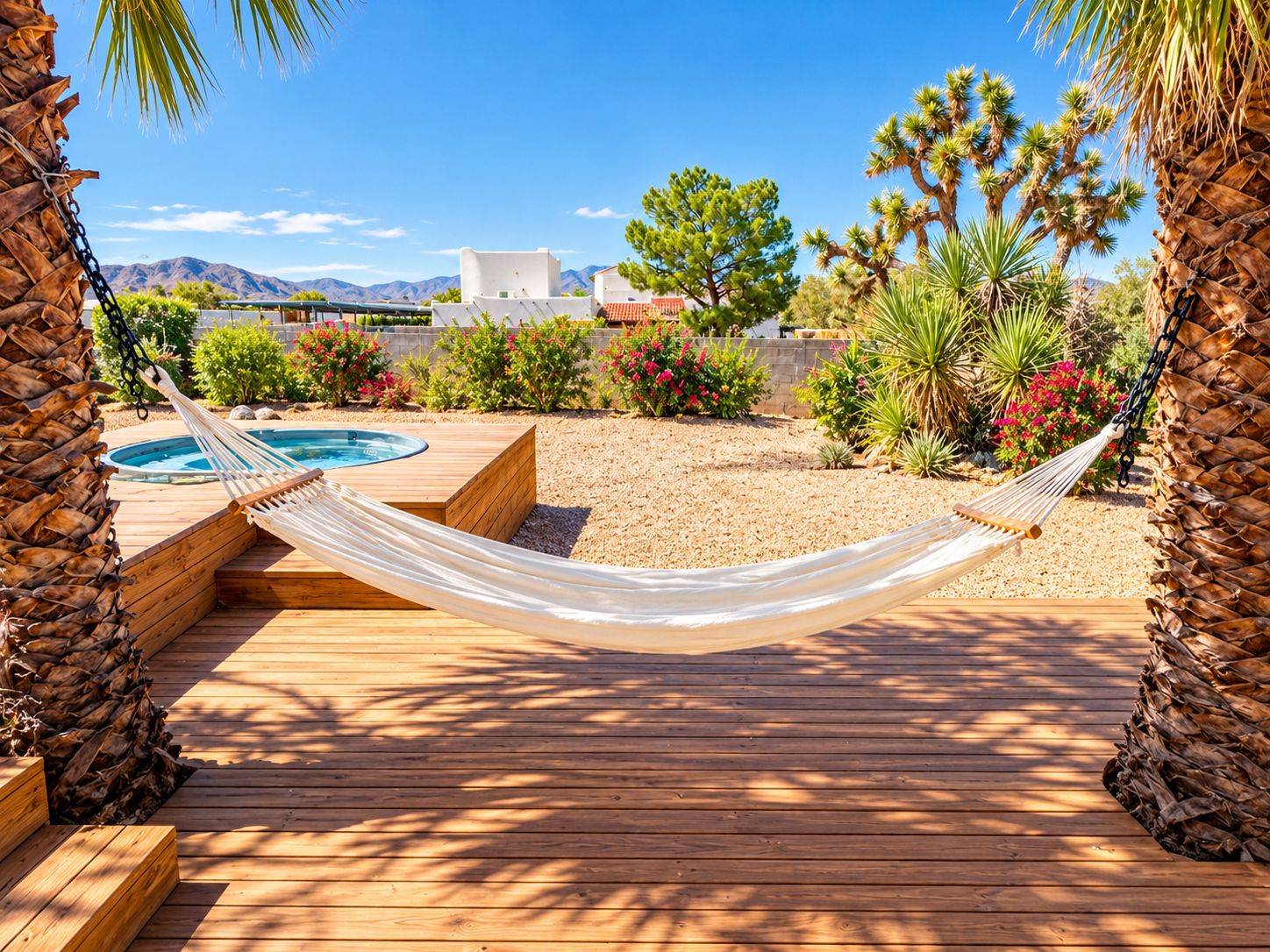 A hammock on a wooden deck with a pool and desert plants.