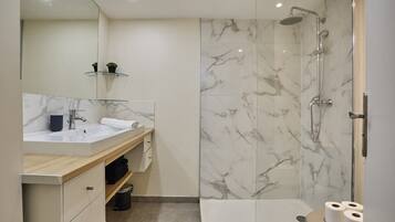 Shower, hair dryer, towels