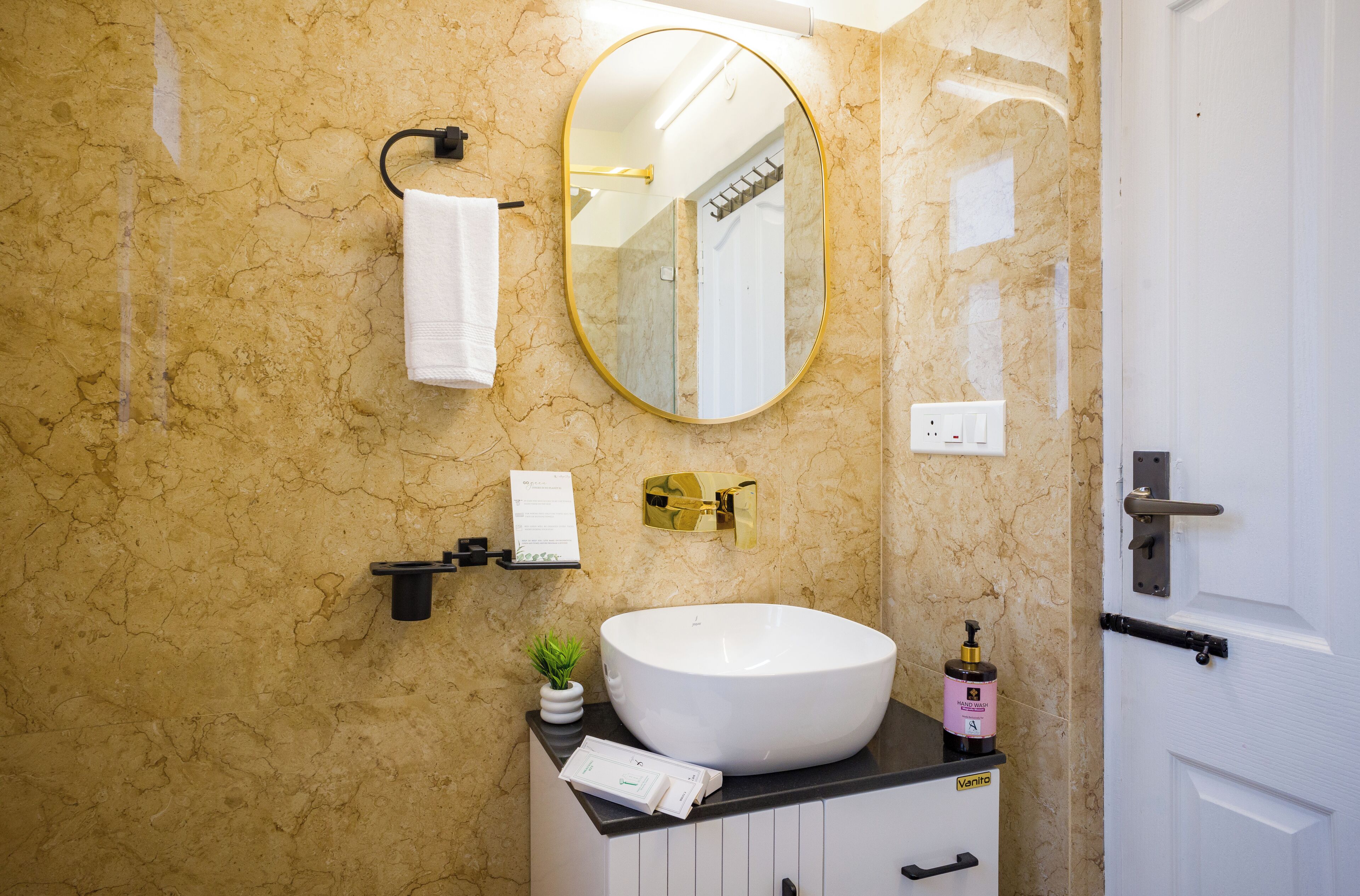 A bathroom with a large oval sink, a gold-framed mirror, a towel hanging on a hook, a small potted plant, and a bottle of shampoo on the counter.