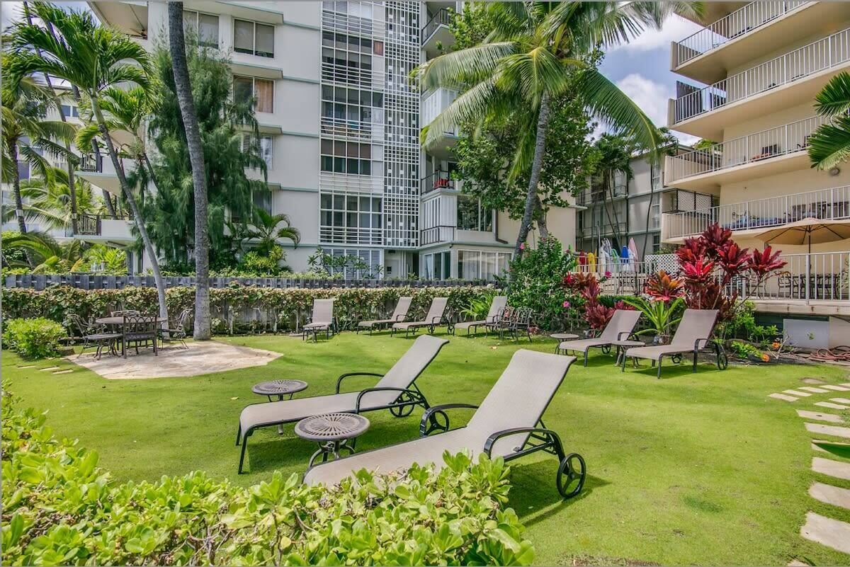 A hotel courtyard with lounge chairs, a small table, and a palm tree.