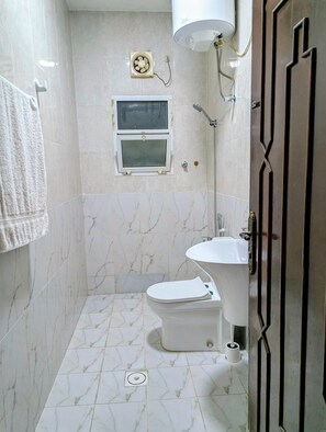 Shower, hair dryer, bidet, soap