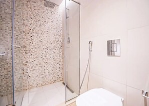 Une salle de bain avec une douche, des toilettes et un mur carrelé.