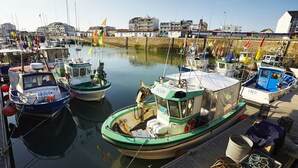 Un puerto deportivo con varias embarcaciones amarradas, un muelle de madera y un muro de piedra al fondo.