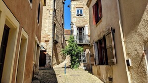 Una stretta strada acciottolata, con edifici storici in pietra, balconi e persiane.