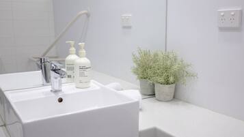 Een badkamer met een witte wastafel, twee flessen hand- en douchezeep, een handdouche en twee potplanten.