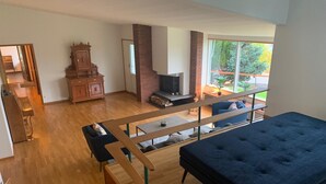 Amplia sala de estar con piso de madera, un sofá azul, una chimenea y vistas al exterior a través de amplias ventanas.
