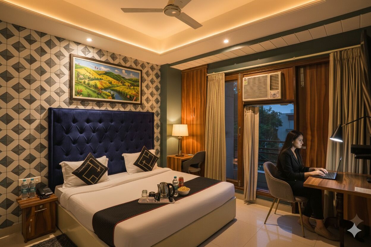 In-room safe, desk, laptop workspace, soundproofing