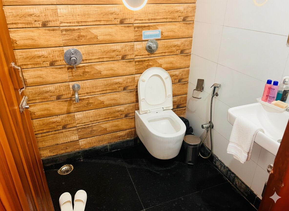Une salle de bain avec un mur en bois, des toilettes blanches, un lavabo et une douche.