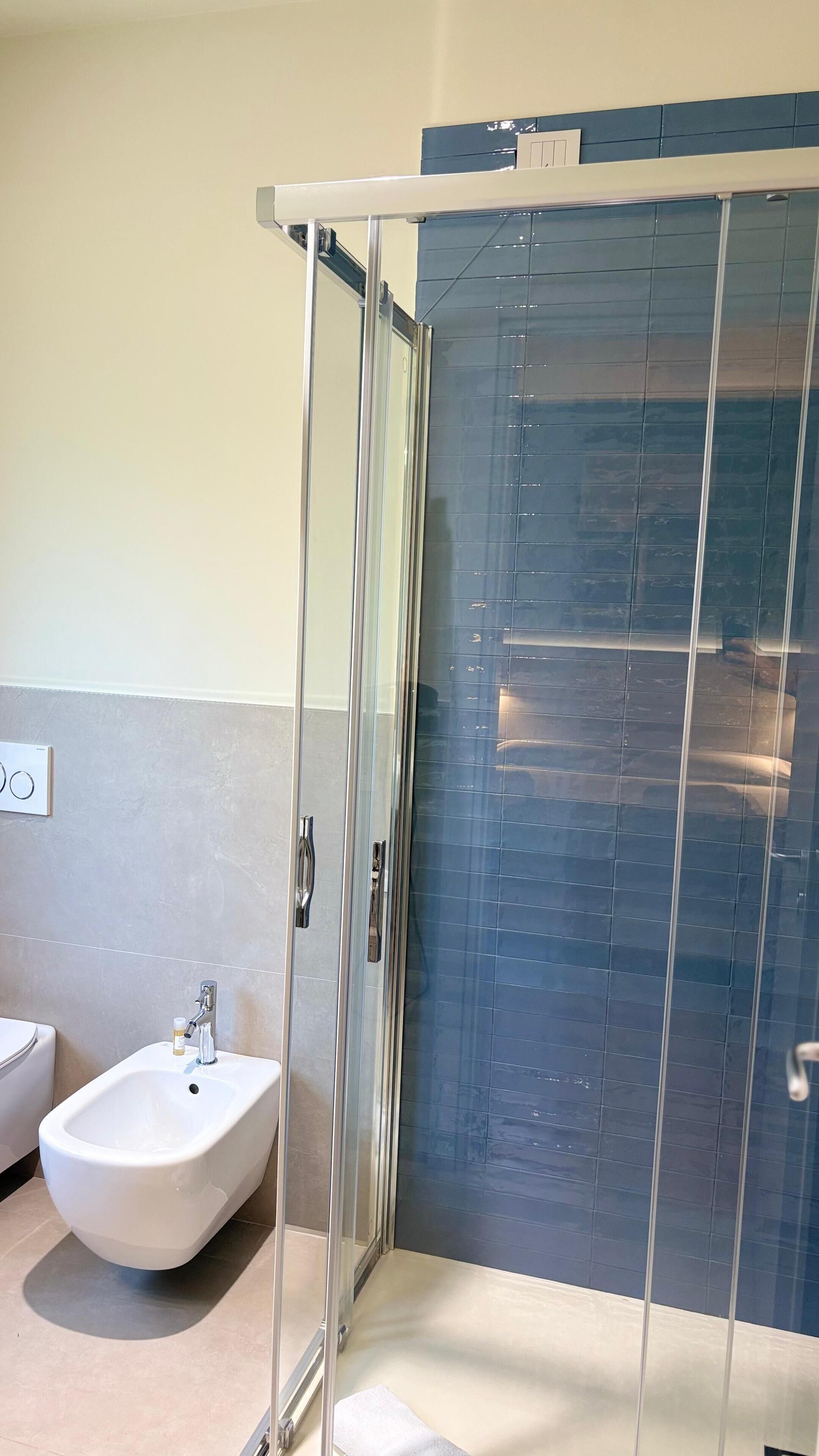 A modern bathroom with a glass-enclosed shower, a white sink, and a bidet.