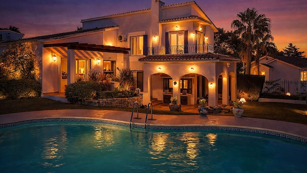 A two-story house with a swimming pool, a covered patio, and a well-lit exterior at dusk. - 18 - Villa 1km from the beach in Calahonda/Mijas (Mijas Costa)