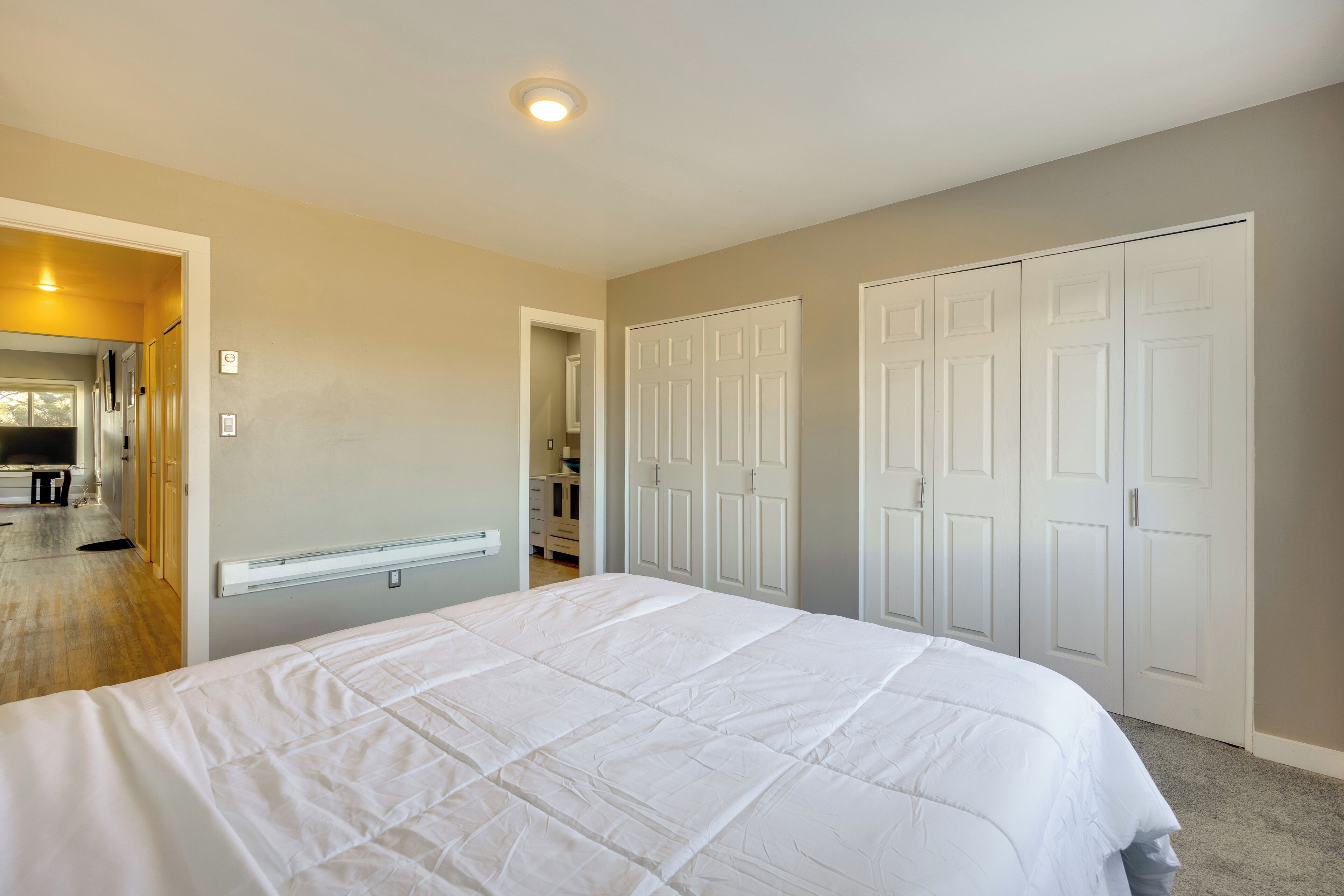 A bedroom with a large bed, a walk-in closet, and a hallway leading to a bathroom.