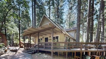 A cabin with a porch, surrounded by tall trees.