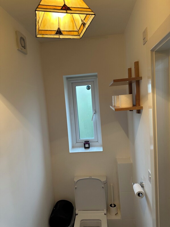 A small bathroom with a toilet, a window, a shelf with towels, and a ceiling light fixture.