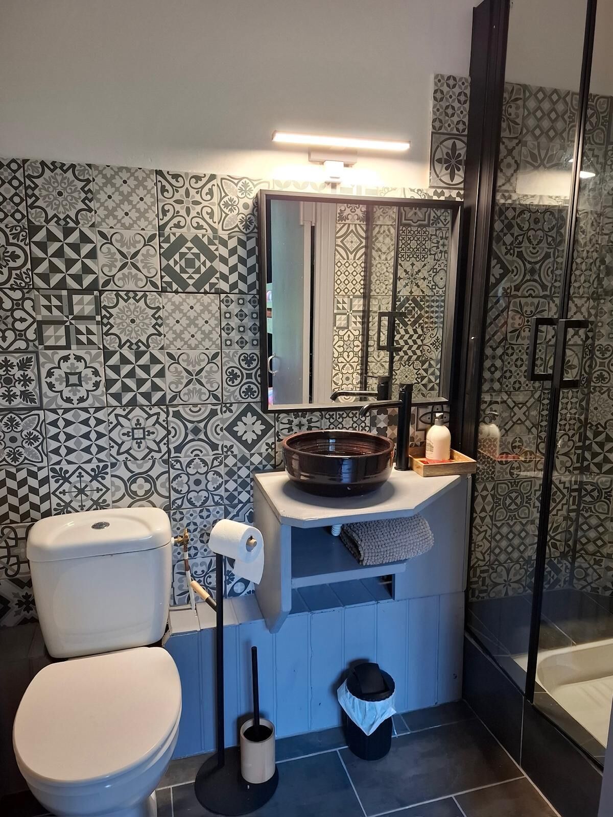 Douche, serviettes fournies, papier toilette