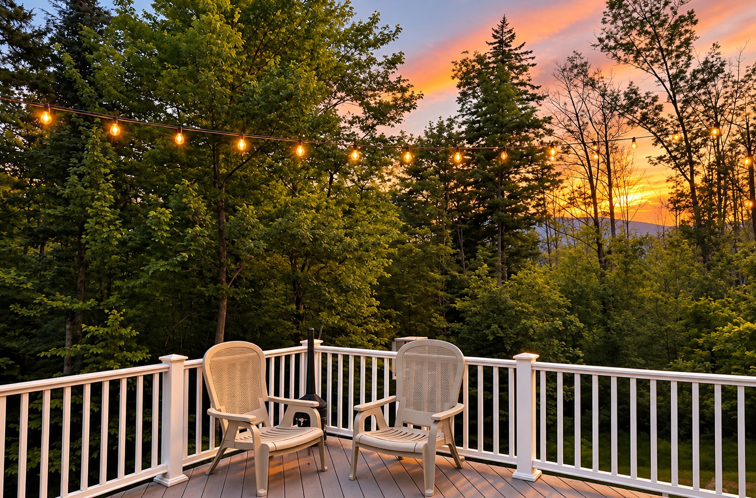 Eine Terrasse mit zwei Korbstühlen und einer Lichterkette vor Bäumen und einem Sonnenuntergang.