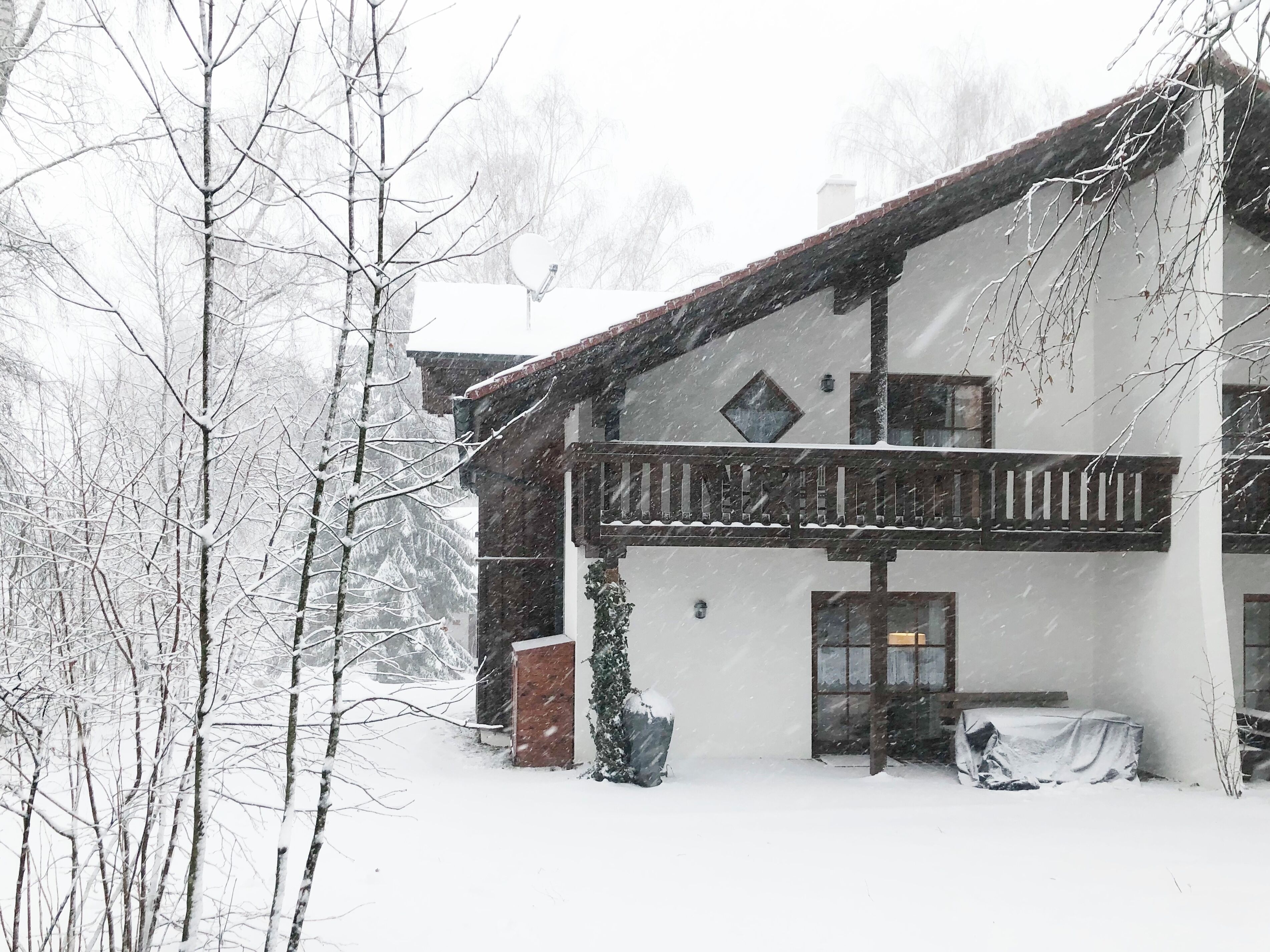Ein zweistöckiges Gebäude mit Balkon, umgeben von schneebedeckten Bäumen.