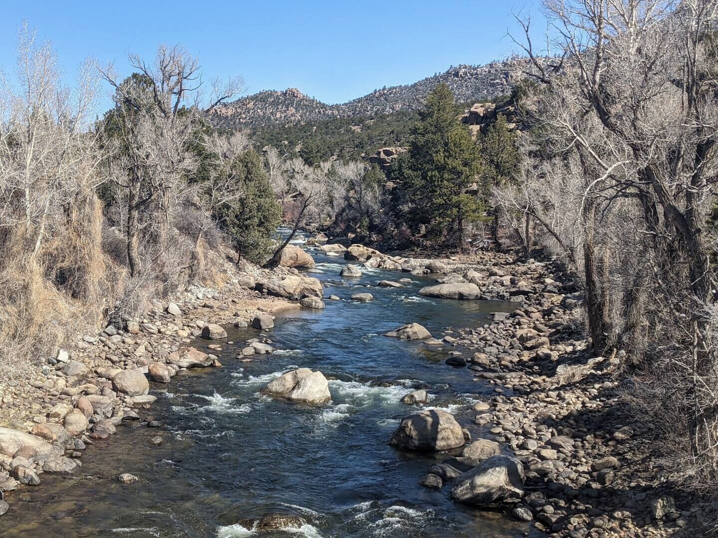 A river flowing through a rocky canyon with sparse vegetation and a mountainous backdrop.