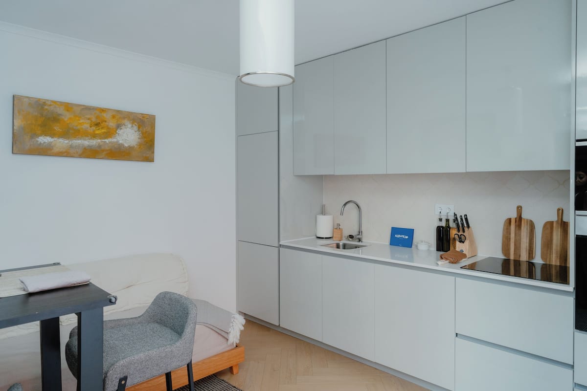 Appartement supérieur, 1 chambre, animaux de compagnie acceptés, vue sur la cour intérieure | Cuisine privée | Cafetière-théière, réfrigérateur grande capacité avec congélateur
