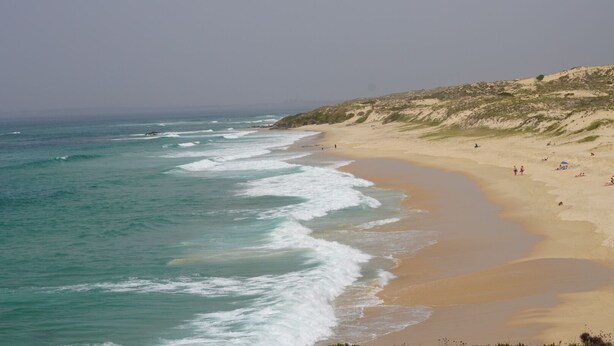 Una playa con olas, una orilla arenosa y un paisaje montañoso al fondo.