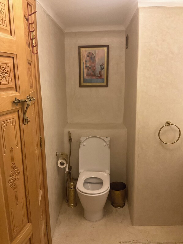 A small bathroom with a toilet, a roll of toilet paper, a handheld bidet, and a gold-colored trash can. - Riad Al Muhandiz (Marrakech)