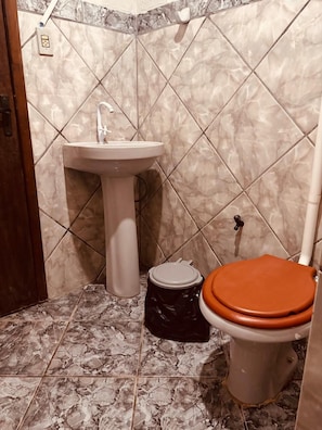 Regadera, toallas, jabón, papel de baño