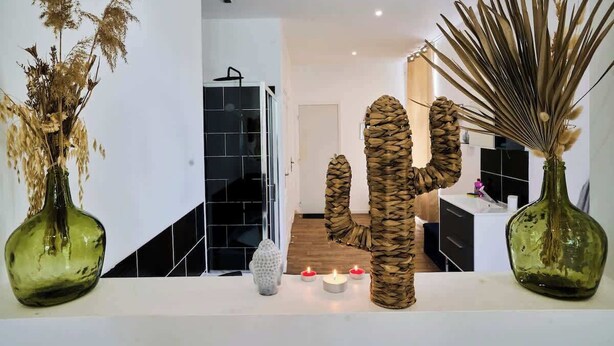A modern kitchen with a white countertop, two green vases with dried plants, and a cactus sculpture. - Le nid douillé, balnéo proche gare (Tourcoing)
