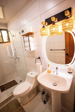 Shower, hair dryer, towels, soap