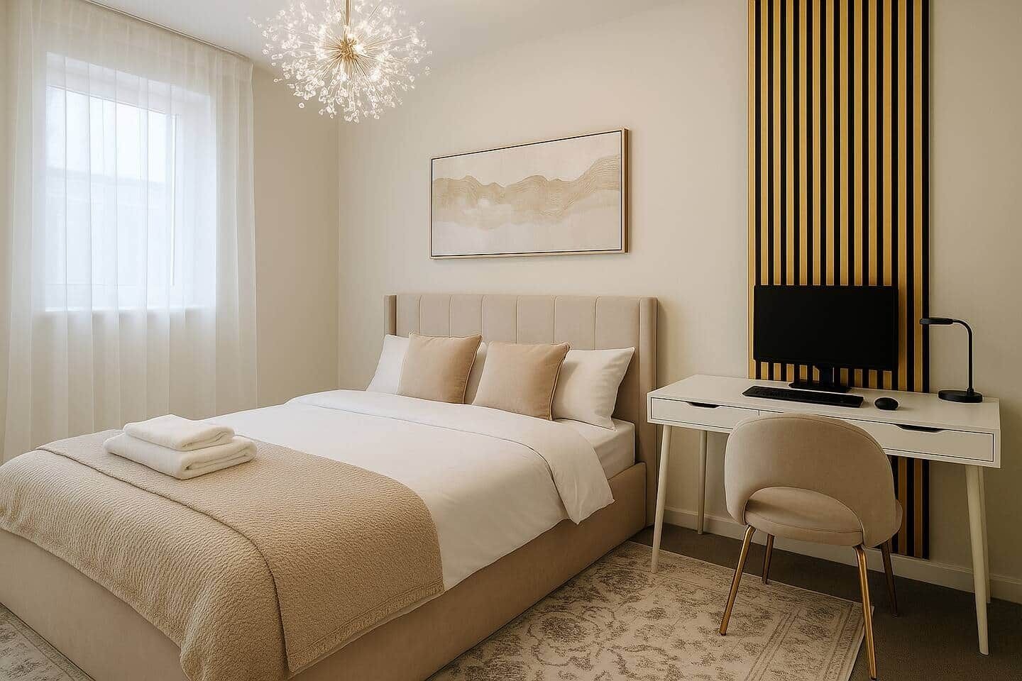 A bedroom with a bed, bedside table, chair, desk, and a desk lamp.