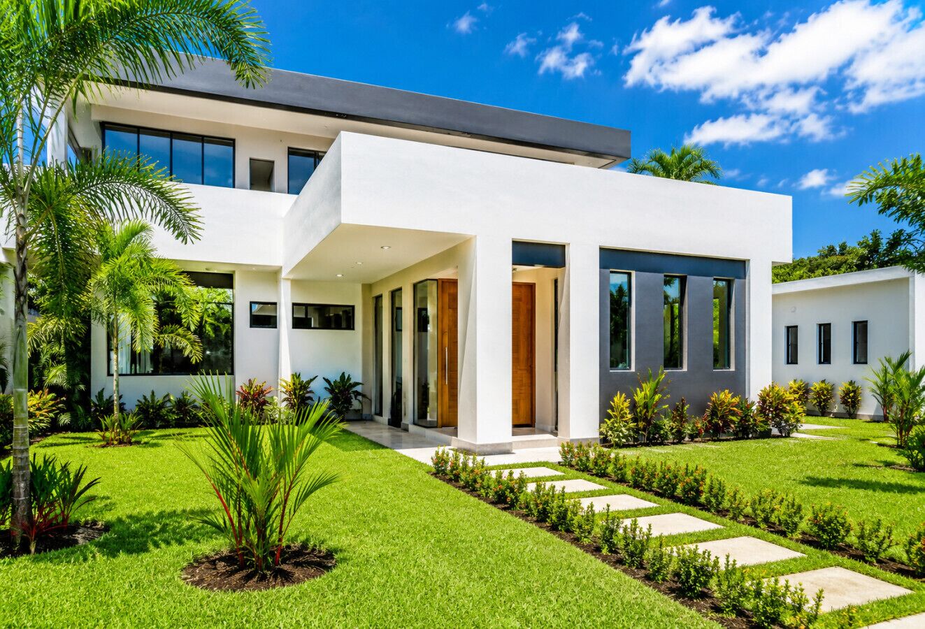 Una casa moderna de dos pisos con un porche cubierto, un césped cuidado y diversas plantas.