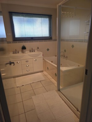 Douche, baignoire à jets, sèche-cheveux, serviettes fournies