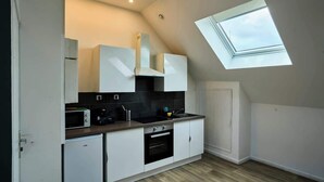 A compact kitchen with white cabinets, a microwave, a stove, and a small refrigerator. There is a skylight above the sink and a window on the right. - En déplacement 10, les combles wifi gratuit (Tourcoing)
