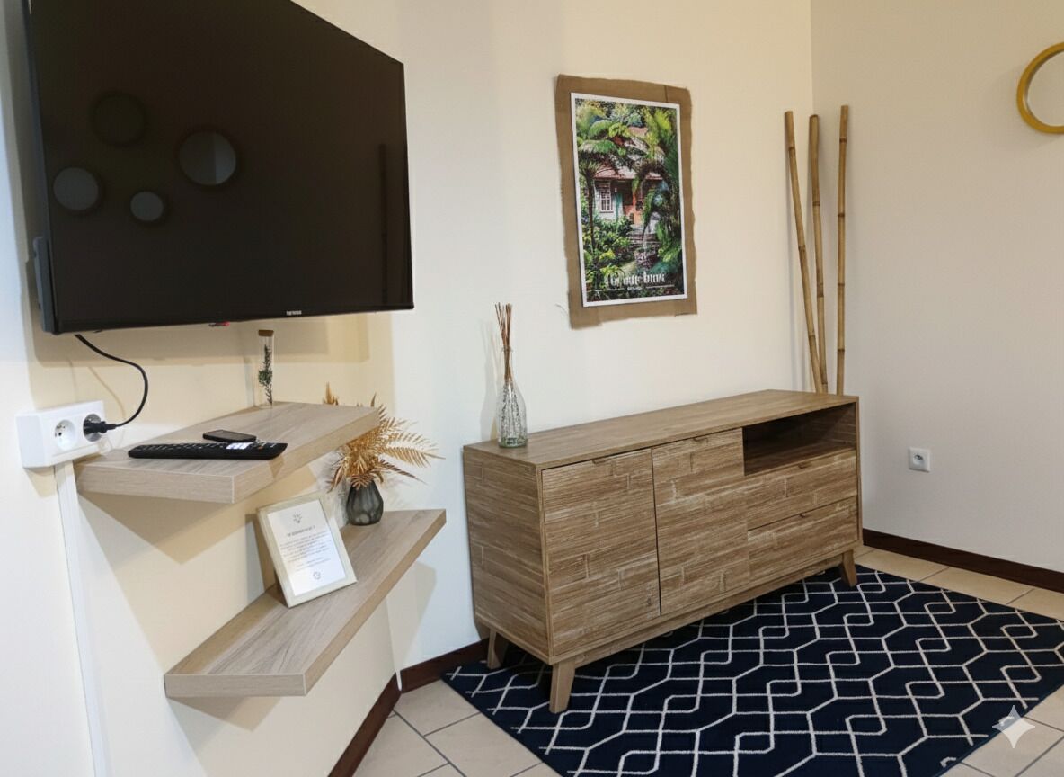 A modern living room with a flat-screen TV, wooden console, and a patterned rug.
