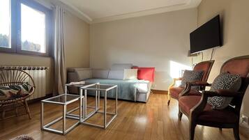 Una televisión, una chimenea, un reproductor de DVD, un futbolín