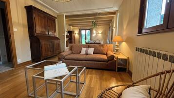 Una televisión, una chimenea, un reproductor de DVD, un futbolín