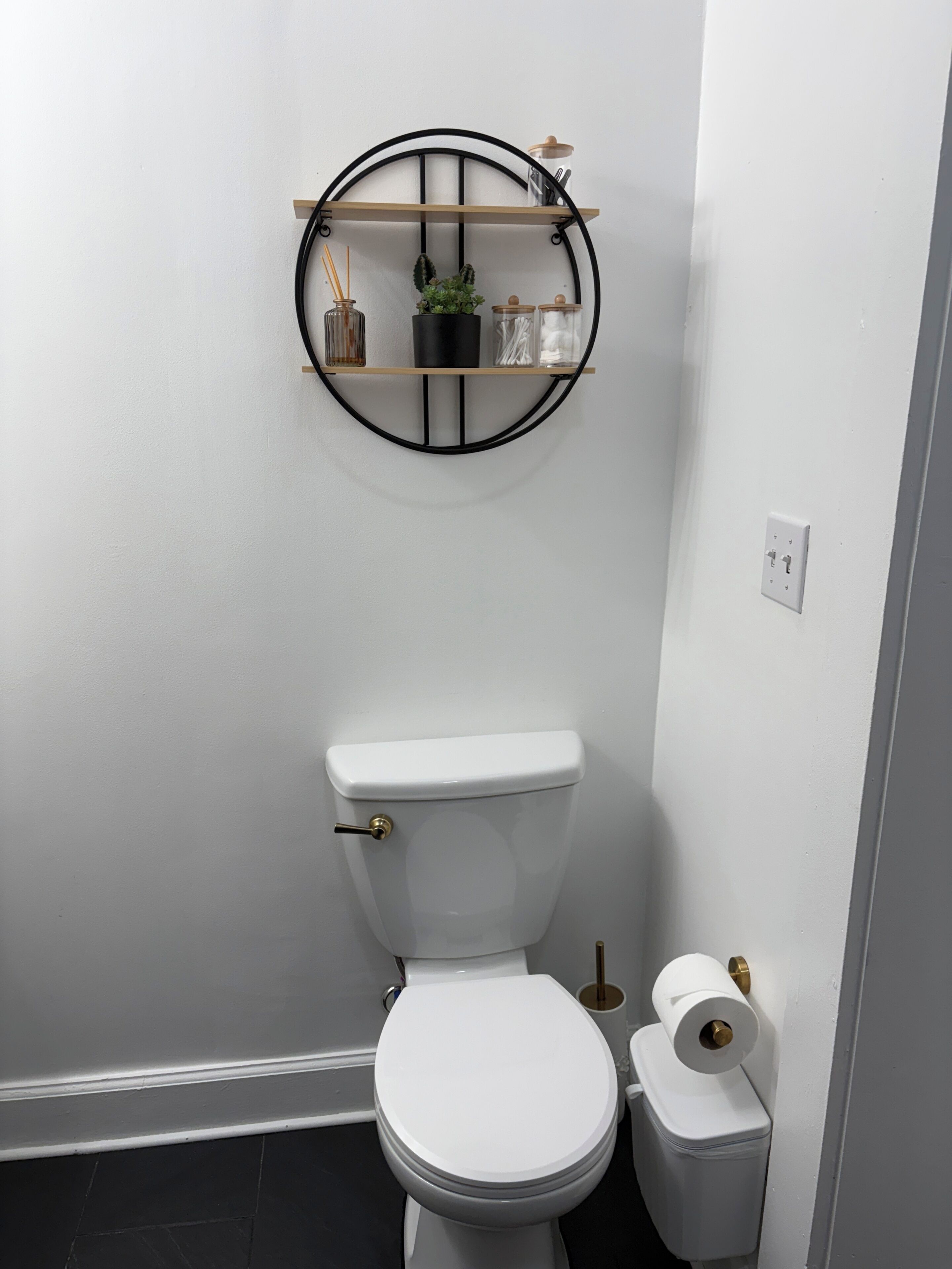 A white toilet with a gold flush handle, a white toilet paper holder, and a black metal shelf with a potted plant and jars.