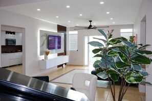 Ein modernes Wohnzimmer mit Flachbildfernseher, Deckenventilator und einer großen Pflanze.