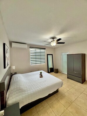 Un dormitorio con cama, ventilador de techo, aire acondicionado, ventana con persianas, espejo, armario y una planta pequeña sobre la cama.