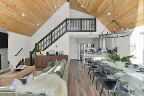 TV, fireplace - Cedar Woods Retreat | Pine Vaulted Chalet | HotTub (Big Bass Lake)