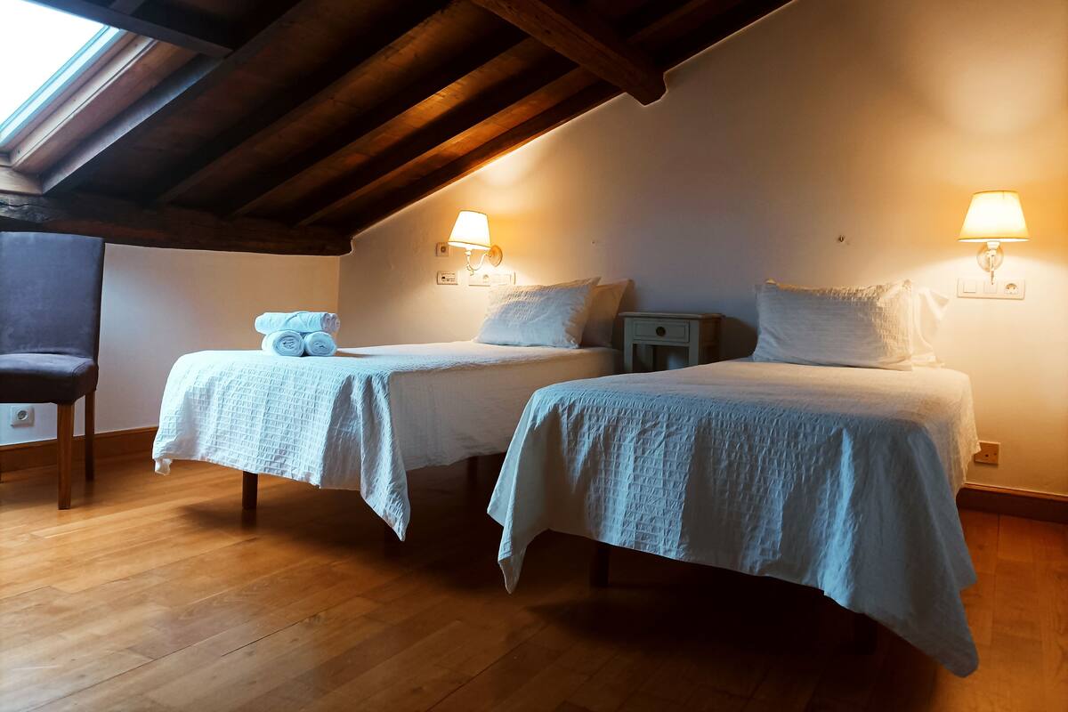 A room with two beds, wooden flooring, and a skylight.