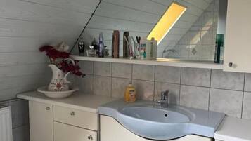 Combined shower/bathtub, free toiletries, hair dryer, soap