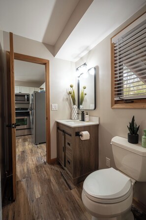 Hair dryer, towels, soap, toilet paper