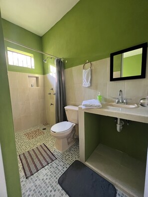 Douche, serviettes fournies, savon, papier toilette