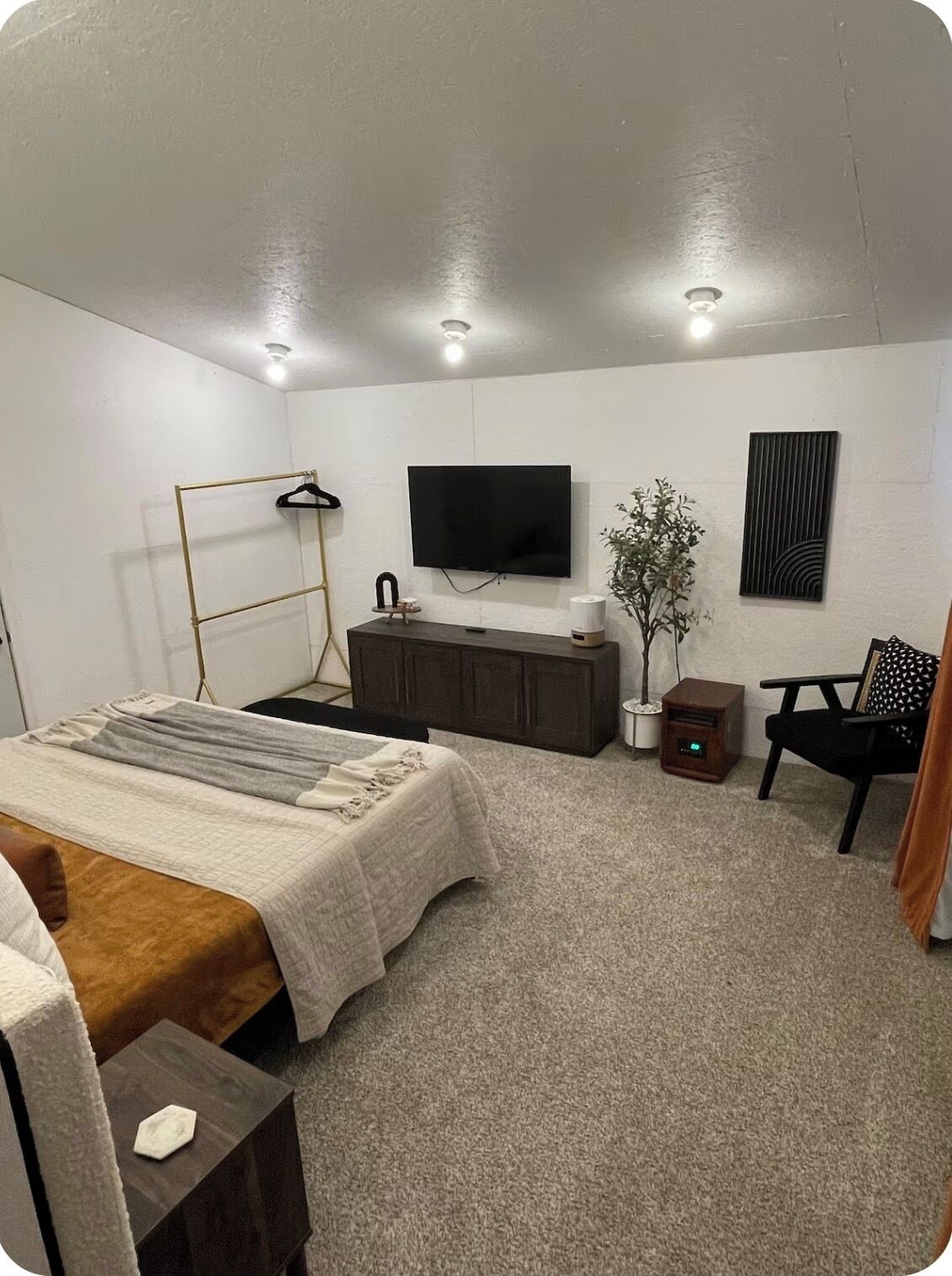A bedroom with a bed, bedside table, dresser, TV, plant, chair, and a small table with a lamp.