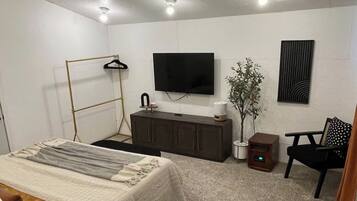 A bedroom with a bed, bedside table, dresser, TV, plant, chair, and a small table with a lamp.