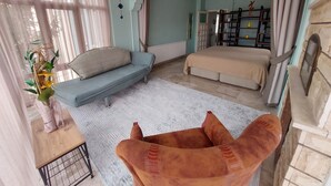 Une pièce spacieuse comprenant un grand lit, un canapé, un fauteuil et une bibliothèque.