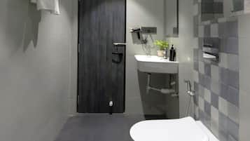 Shower, slippers, towels, shampoo