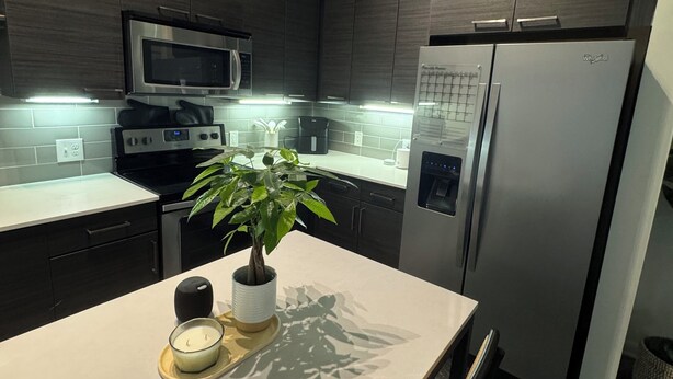 Une cuisine moderne avec des meubles de couleur sombre, des appareils en acier inoxydable, un îlot central agrémenté d’une plante et un four à micro-ondes encastré.