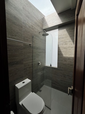Departamento (1) | Baño | Regadera, regadera tipo lluvia, secadora de cabello, toallas