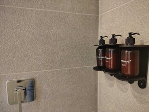 Regadera, secadora de cabello, toallas, shampoo 